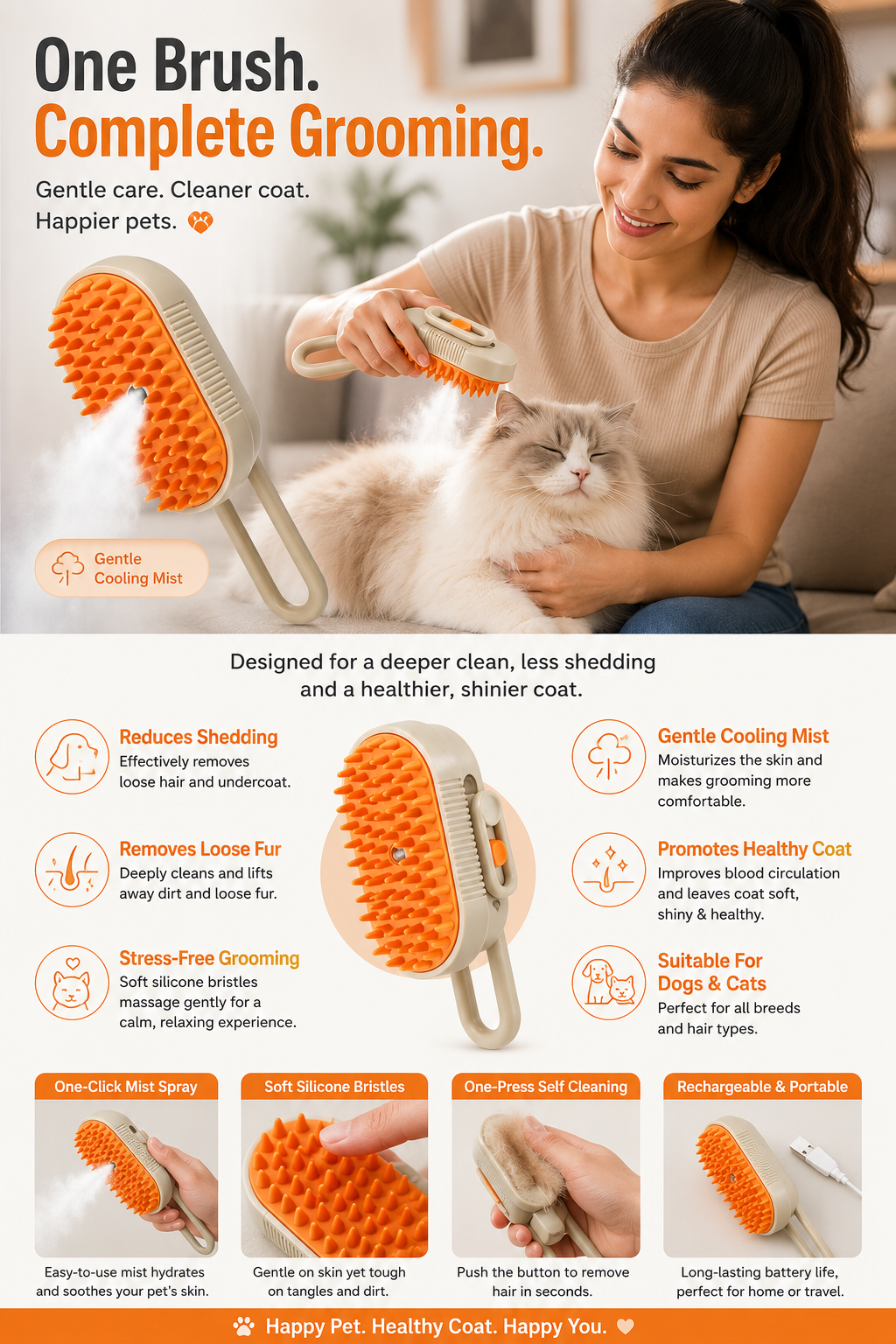 3-in-1 Steam Grooming Brush for Dogs & Cats | Self-Cleaning Pet Brush