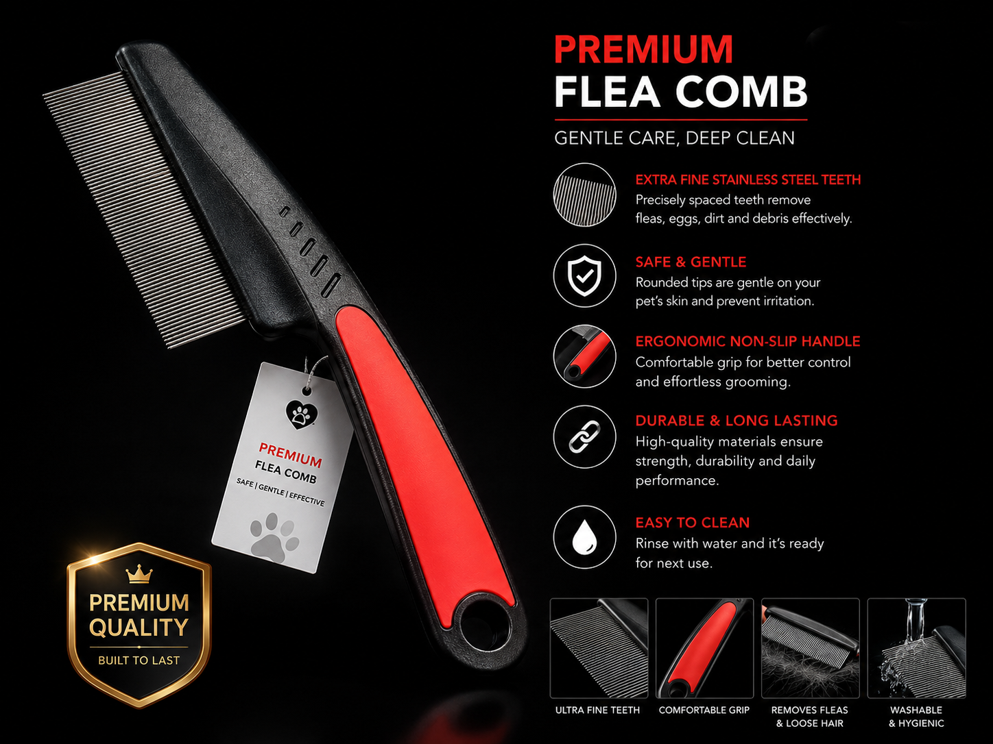 Premium Flea & Grooming Comb for Dogs & Cats | Stainless Steel Deshedding Comb