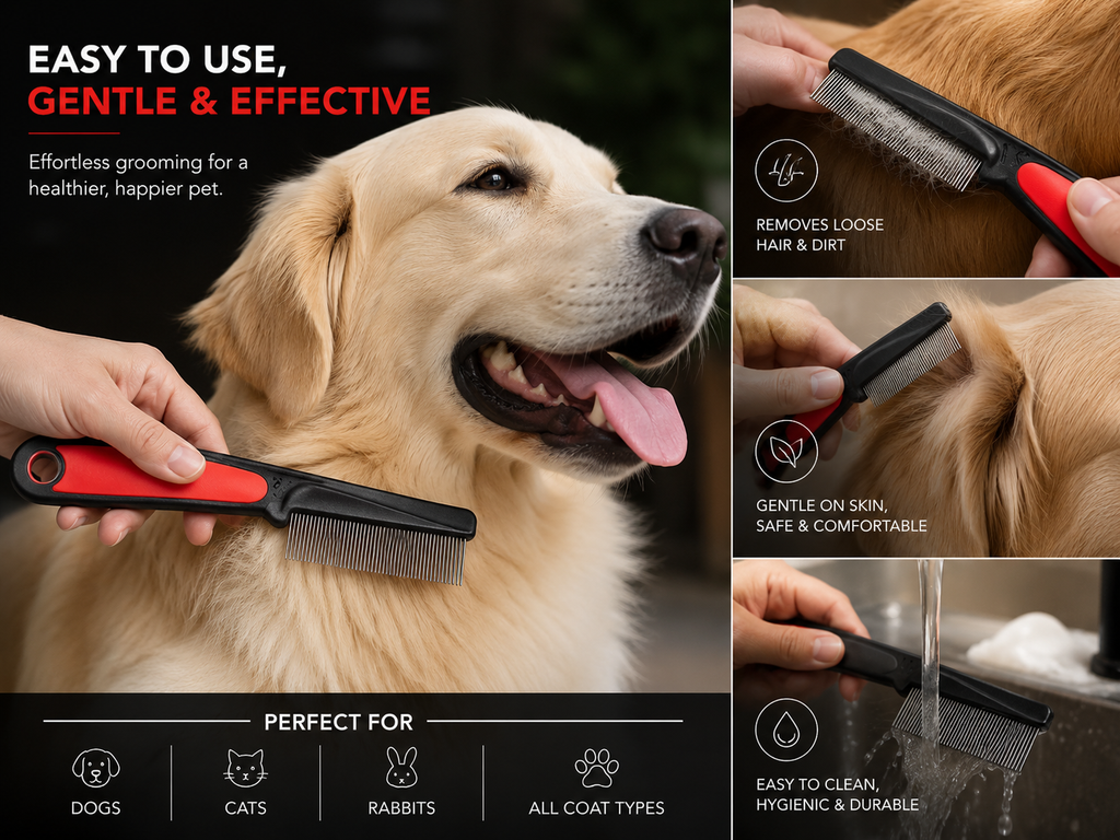 Premium Flea & Grooming Comb for Dogs & Cats | Stainless Steel Deshedding Comb