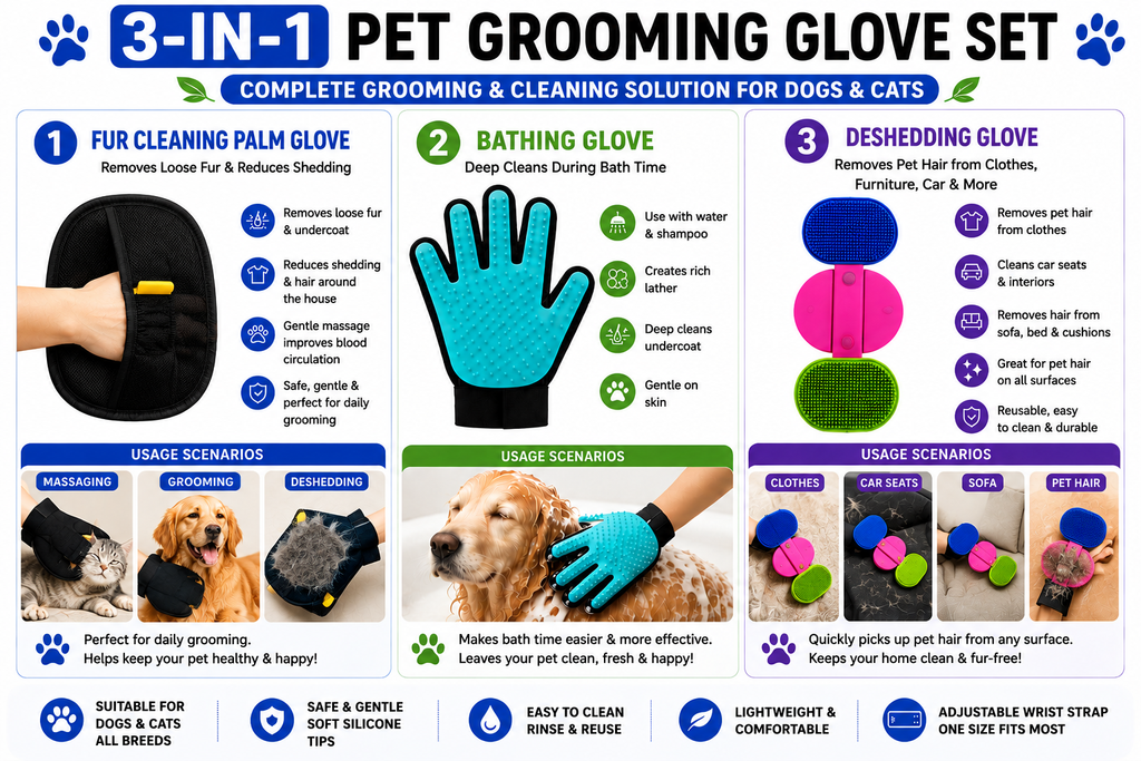 3-in-1 Pet Grooming Glove Set for Dogs & Cats | Deshedding, Bath & Massage Gloves