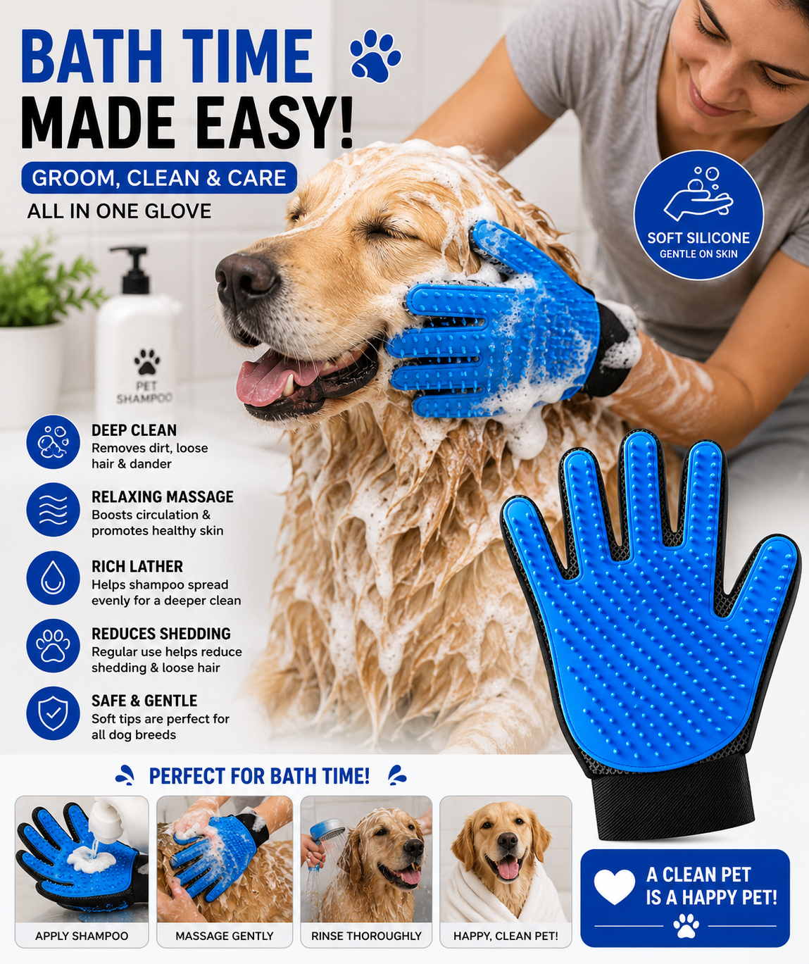3-in-1 Pet Grooming Glove Set for Dogs & Cats | Deshedding, Bath & Massage Gloves