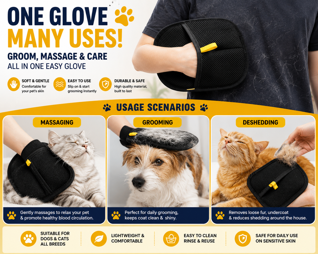 3-in-1 Pet Grooming Glove Set for Dogs & Cats | Deshedding, Bath & Massage Gloves