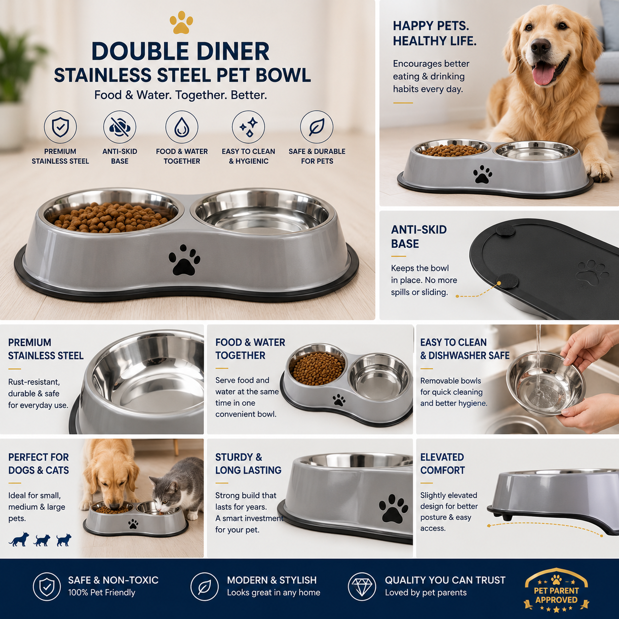 Premium 2-in-1 Stainless Steel Double Pet Bowl | Anti-Skid Food & Water Feeder