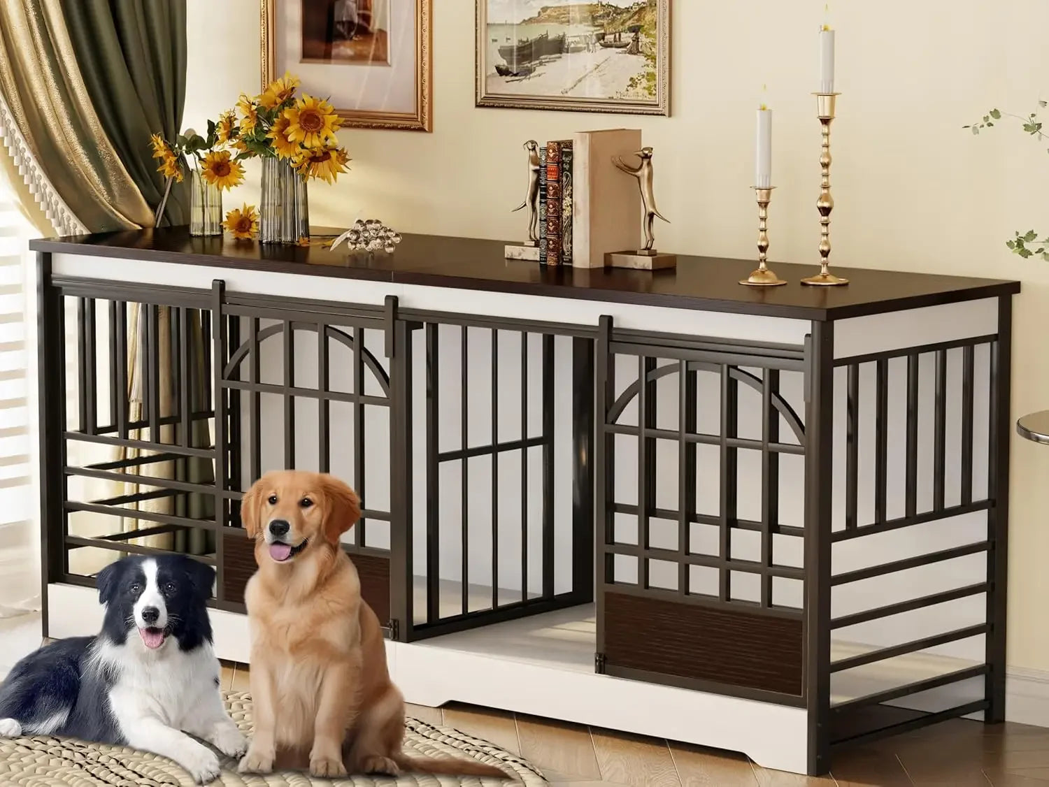 Furniture-Style Double Dog Crate – Extra-Large Indoor Kennel with Divider for Two Dogs