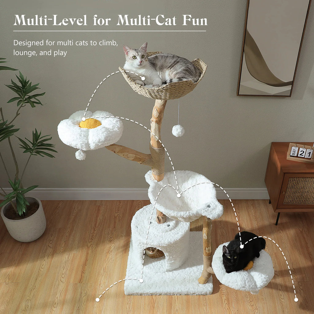 Luxury Wooden Cat Tree for Large Cats – Modern Cat Tower with Wicker Baskets, Scratching Posts & Soft Hammock