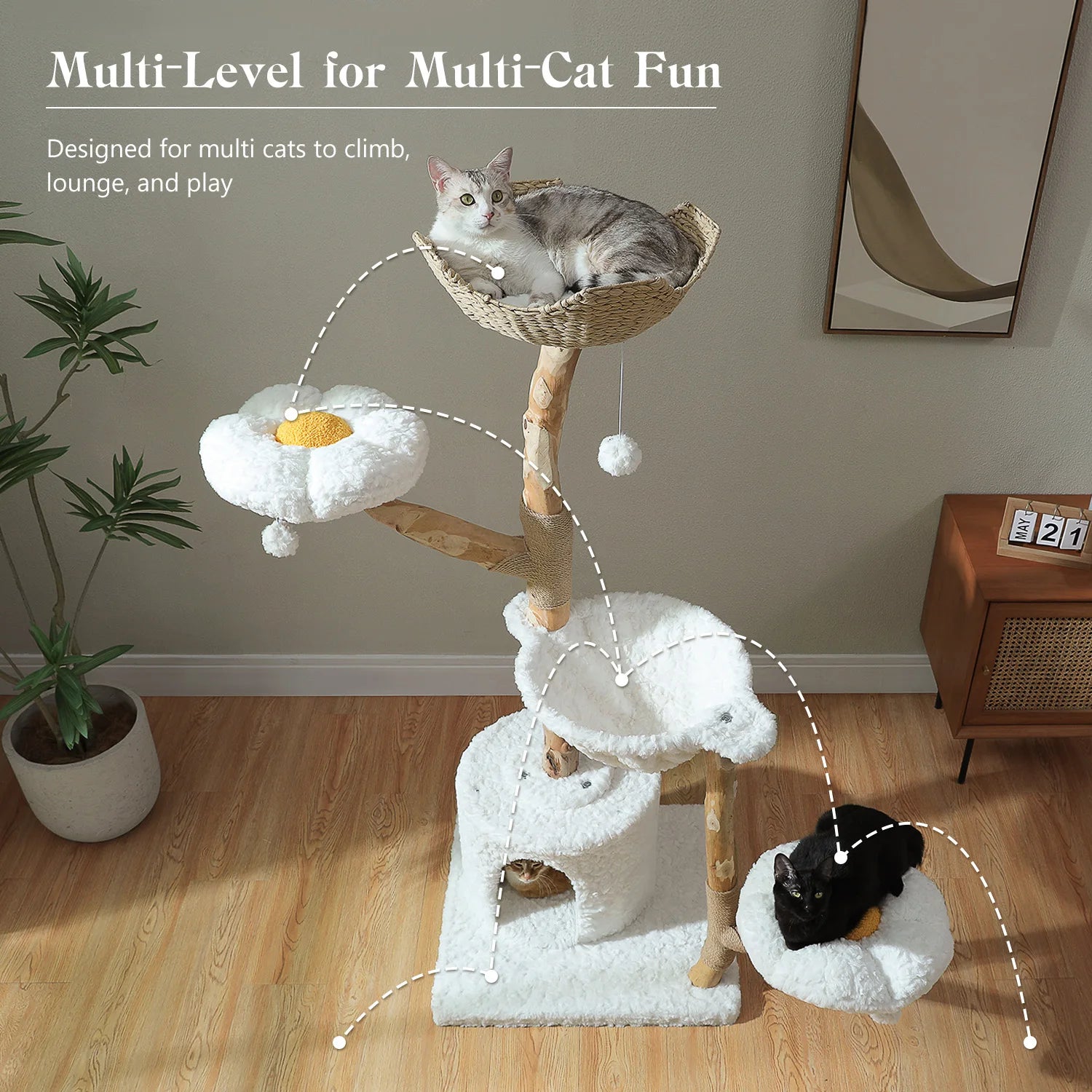 Luxury Wooden Cat Tree for Large Cats – Modern Cat Tower with Wicker Baskets, Scratching Posts & Soft Hammock