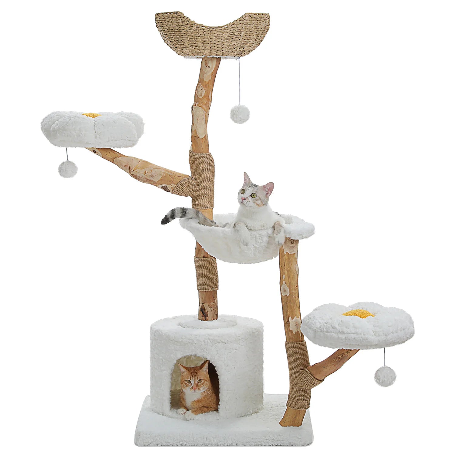 Luxury Wooden Cat Tree for Large Cats – Modern Cat Tower with Wicker Baskets, Scratching Posts & Soft Hammock