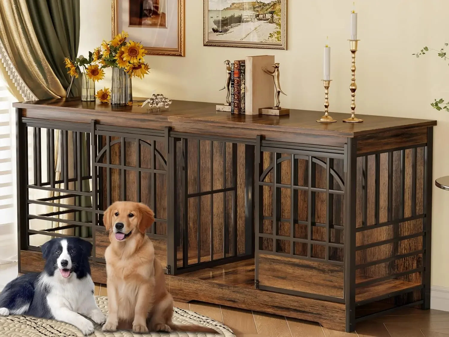 Furniture-Style Double Dog Crate – Extra-Large Indoor Kennel with Divider for Two Dogs
