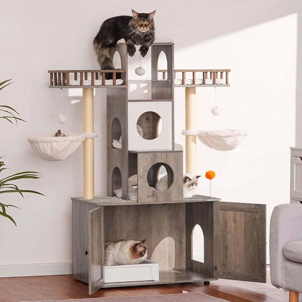 Large Cat Tree with Hidden Litter Box Enclosure – Heavy-Duty Modern Cat Tower with Scratching Posts (Up to 20 lbs)