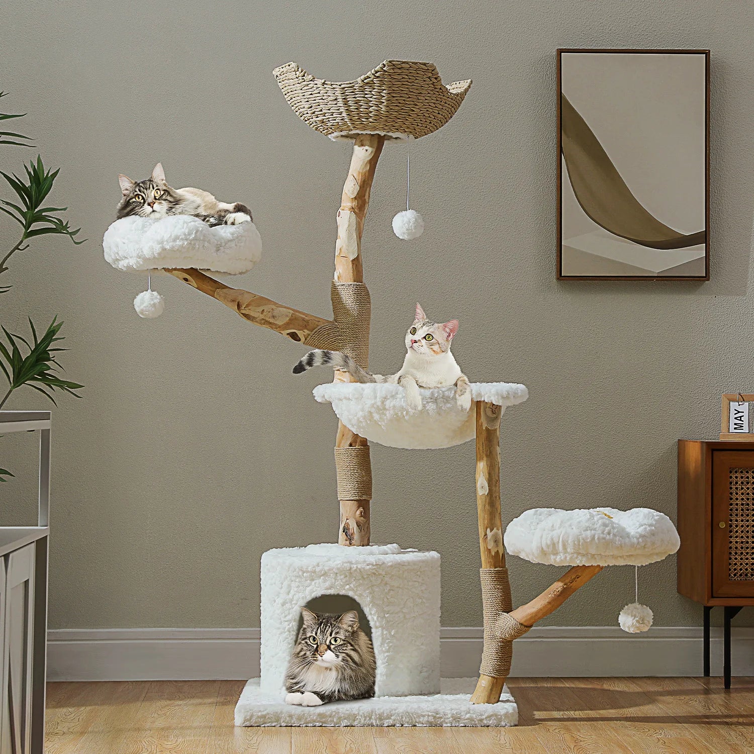 Luxury Wooden Cat Tree for Large Cats – Modern Cat Tower with Wicker Baskets, Scratching Posts & Soft Hammock