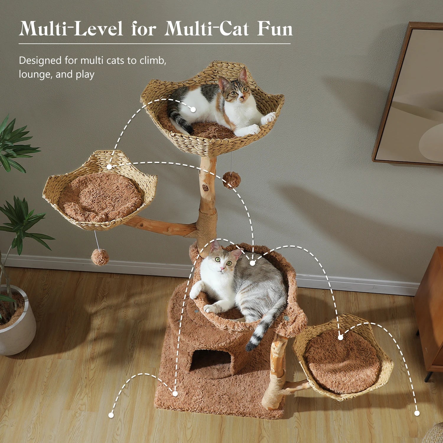 Luxury Wooden Cat Tree for Large Cats – Modern Cat Tower with Wicker Baskets, Scratching Posts & Soft Hammock
