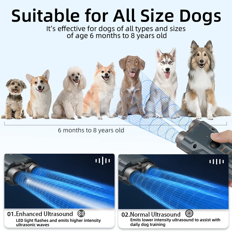 ROJECO 2-in-1 Ultrasonic Dog Training Device with Flashlight – Rechargeable Bark Control Tool