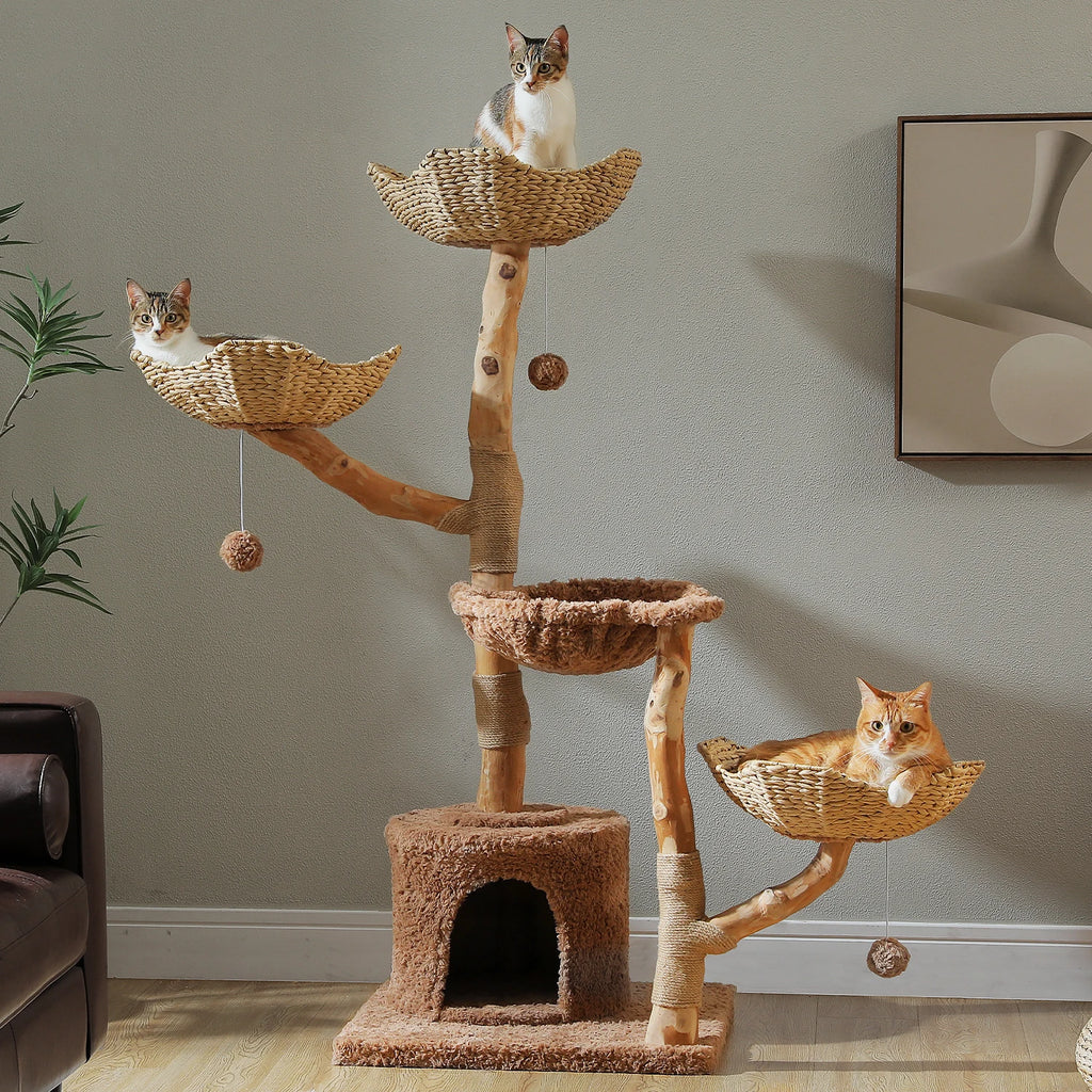 Luxury Wooden Cat Tree for Large Cats – Modern Cat Tower with Wicker Baskets, Scratching Posts & Soft Hammock