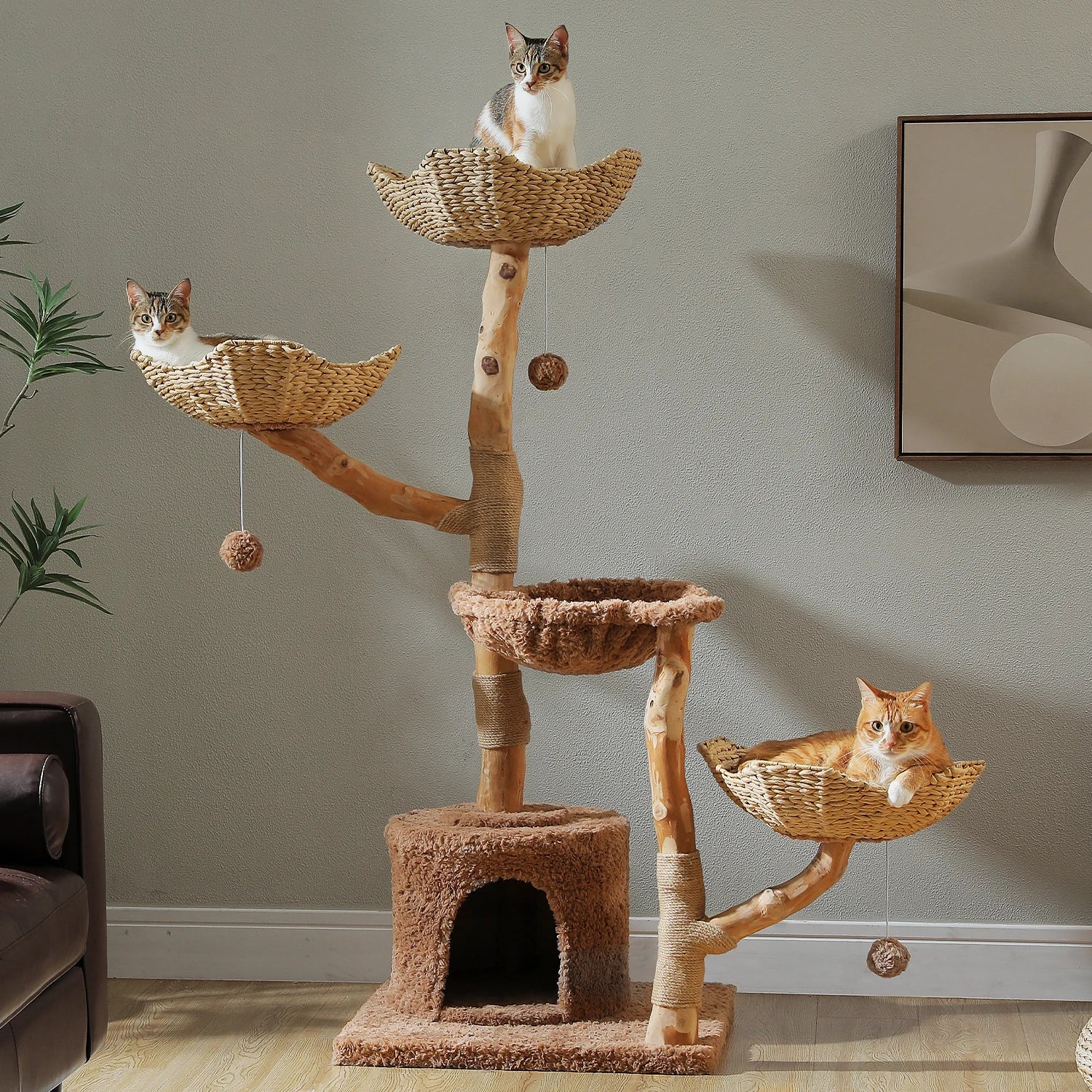 Luxury Wooden Cat Tree for Large Cats – Modern Cat Tower with Wicker Baskets, Scratching Posts & Soft Hammock