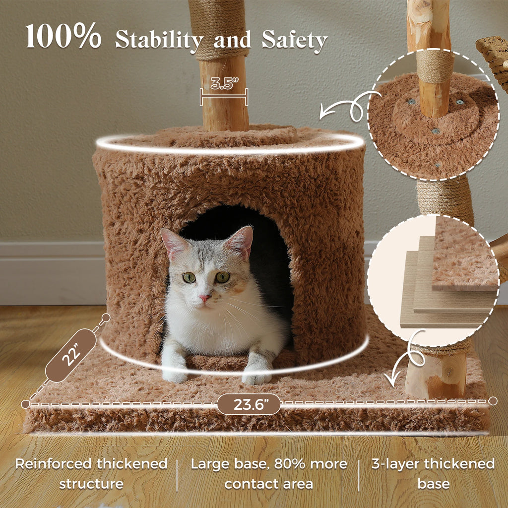 Luxury Wooden Cat Tree for Large Cats – Modern Cat Tower with Wicker Baskets, Scratching Posts & Soft Hammock