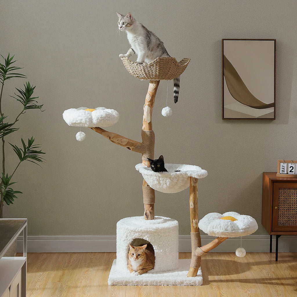 Luxury Wooden Cat Tree for Large Cats – Modern Cat Tower with Wicker Baskets, Scratching Posts & Soft Hammock