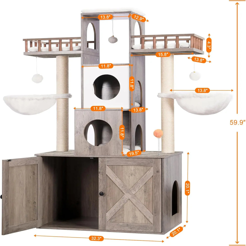 Large Cat Tree with Hidden Litter Box Enclosure – Heavy-Duty Modern Cat Tower with Scratching Posts (Up to 20 lbs)