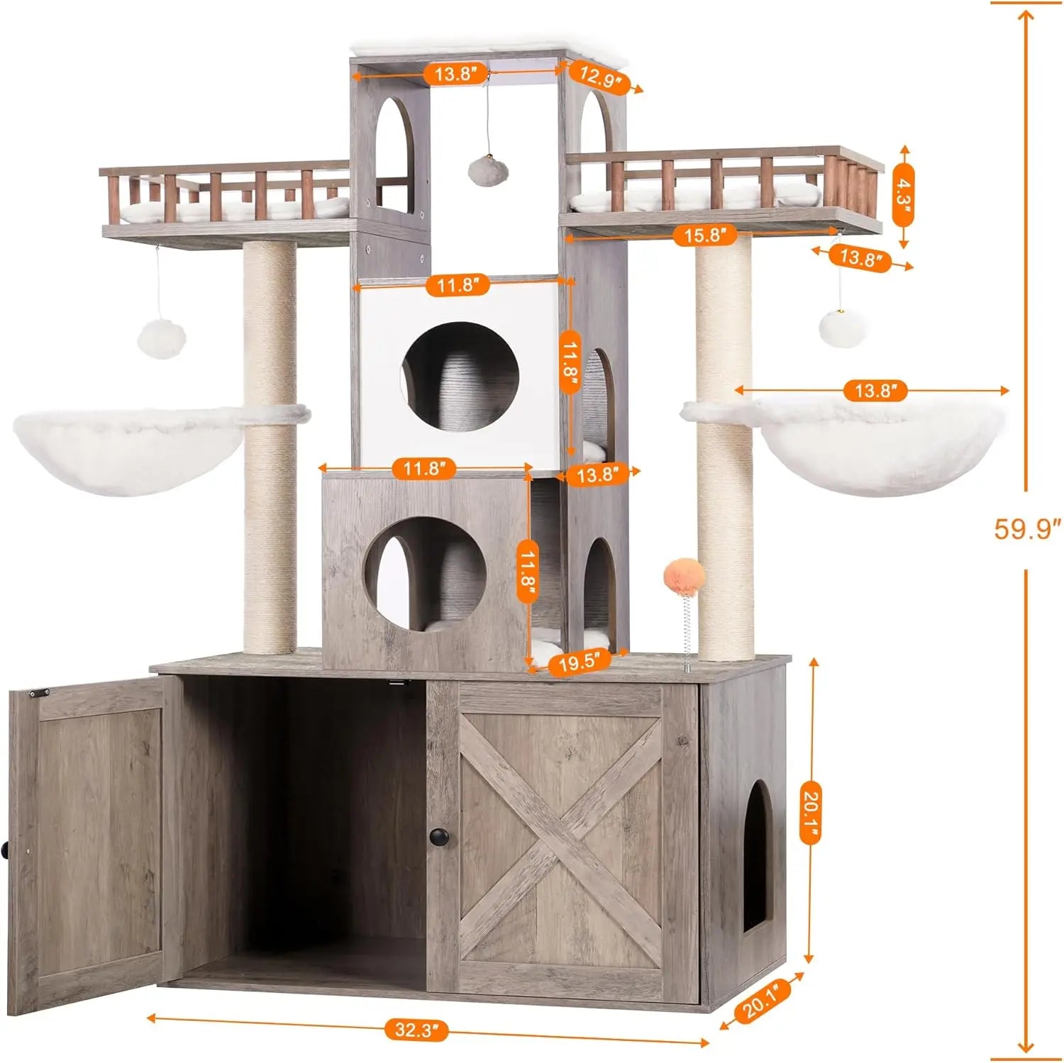 Large Cat Tree with Hidden Litter Box Enclosure – Heavy-Duty Modern Cat Tower with Scratching Posts (Up to 20 lbs)