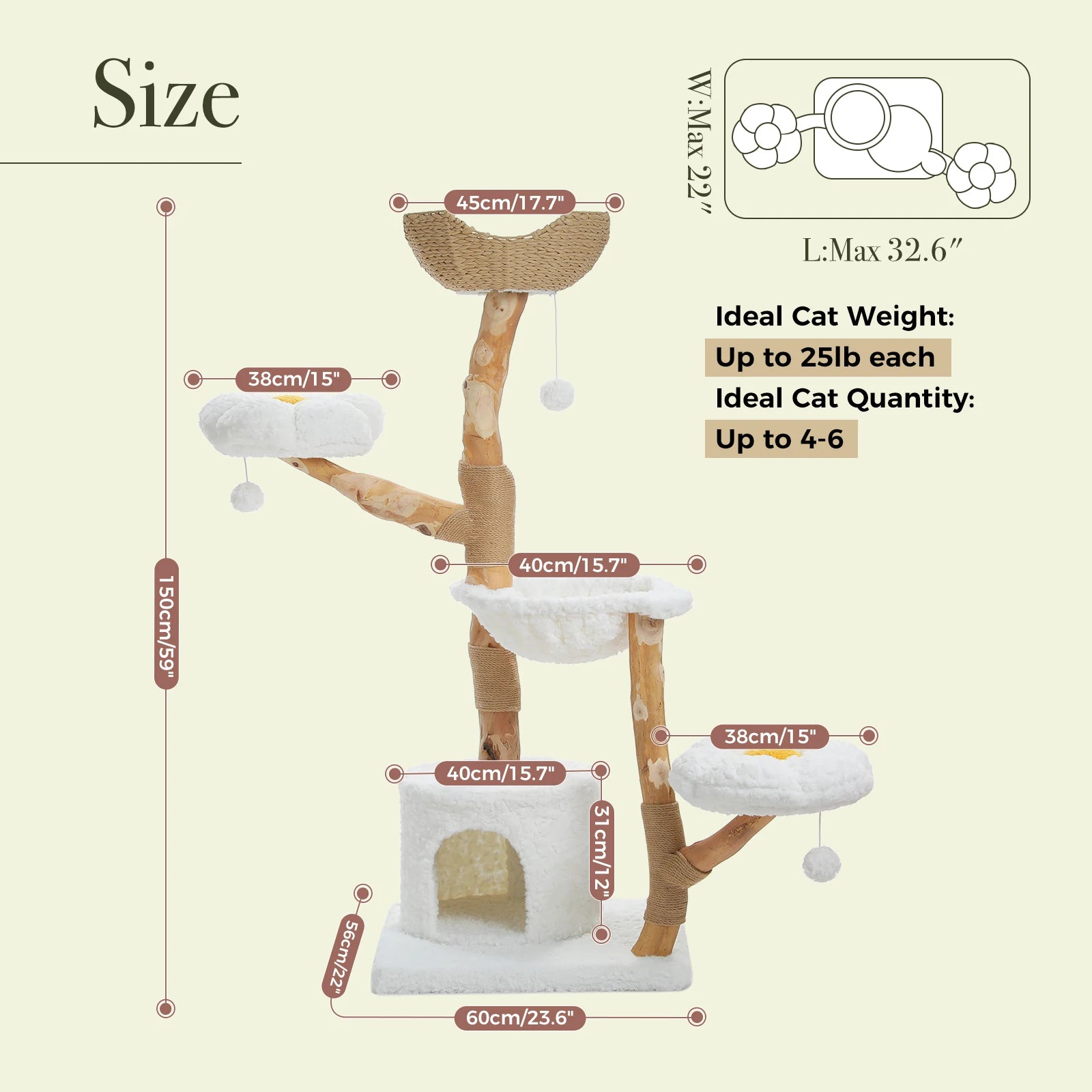 Luxury Wooden Cat Tree for Large Cats – Modern Cat Tower with Wicker Baskets, Scratching Posts & Soft Hammock