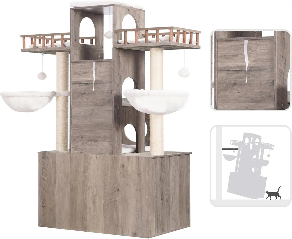 Large Cat Tree with Hidden Litter Box Enclosure – Heavy-Duty Modern Cat Tower with Scratching Posts (Up to 20 lbs)