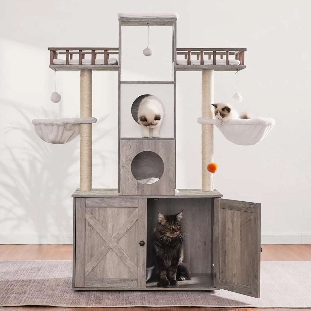 Large Cat Tree with Hidden Litter Box Enclosure – Heavy-Duty Modern Cat Tower with Scratching Posts (Up to 20 lbs)