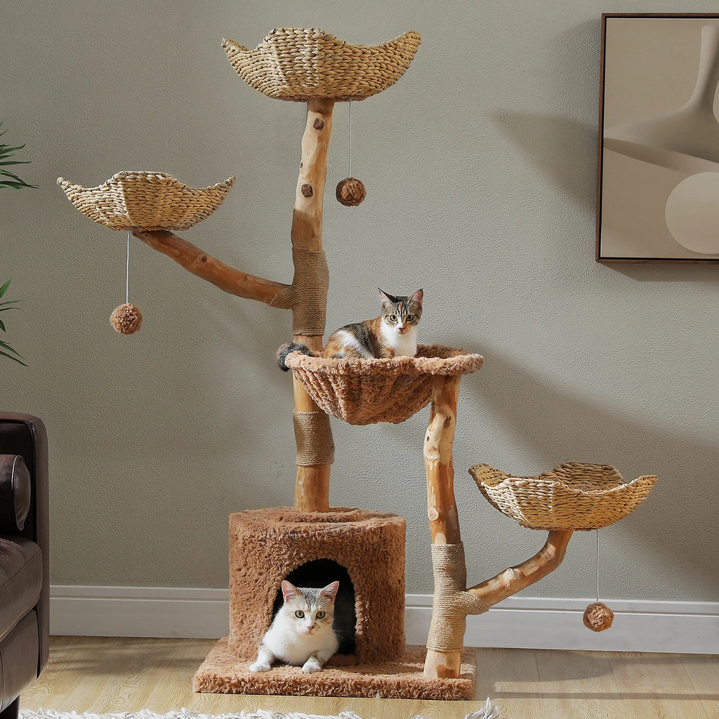 Luxury Wooden Cat Tree for Large Cats – Modern Cat Tower with Wicker Baskets, Scratching Posts & Soft Hammock