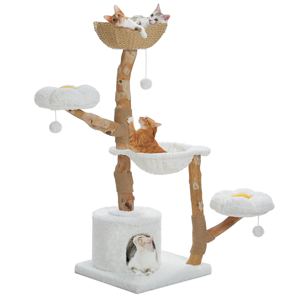 Luxury Wooden Cat Tree for Large Cats – Modern Cat Tower with Wicker Baskets, Scratching Posts & Soft Hammock