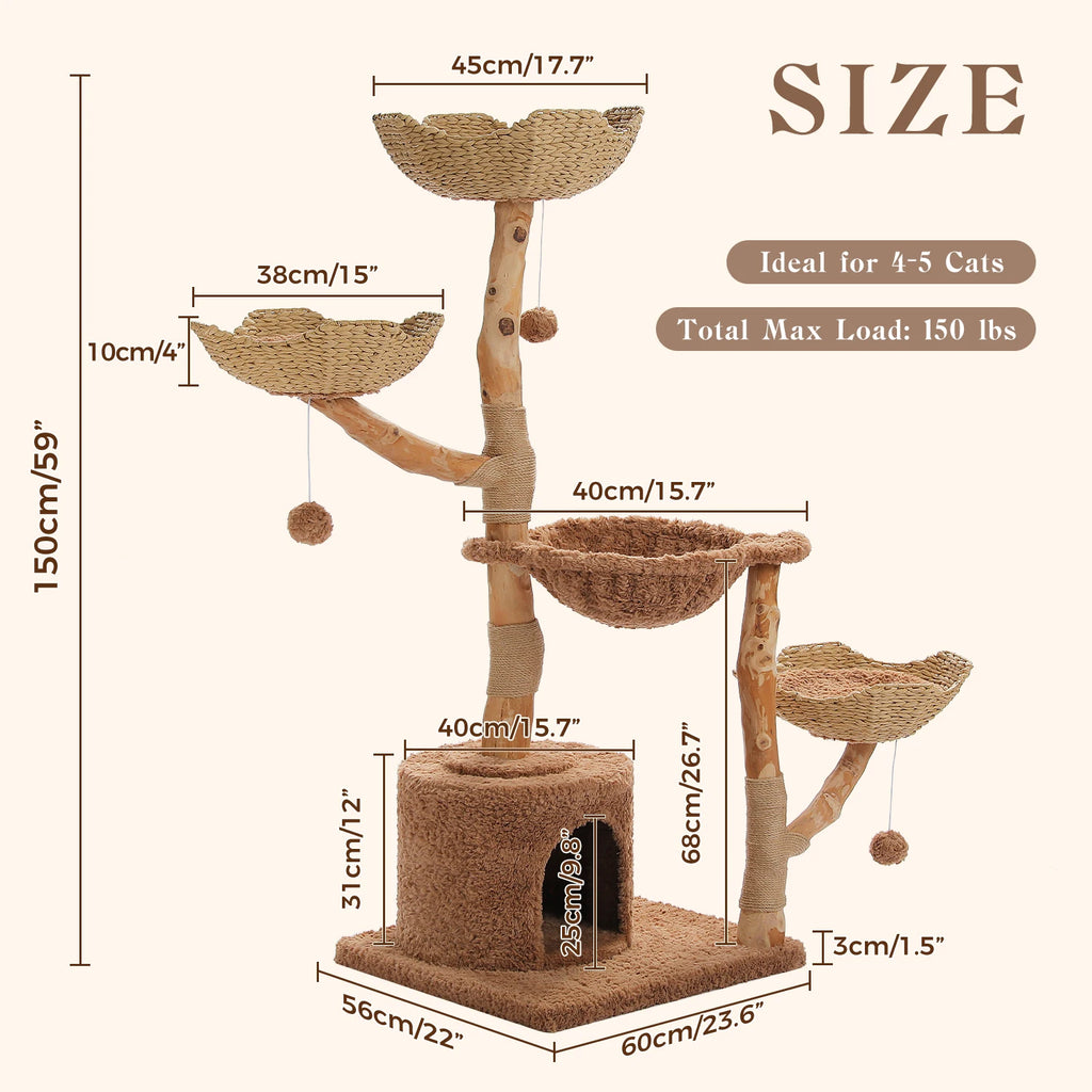 Luxury Wooden Cat Tree for Large Cats – Modern Cat Tower with Wicker Baskets, Scratching Posts & Soft Hammock