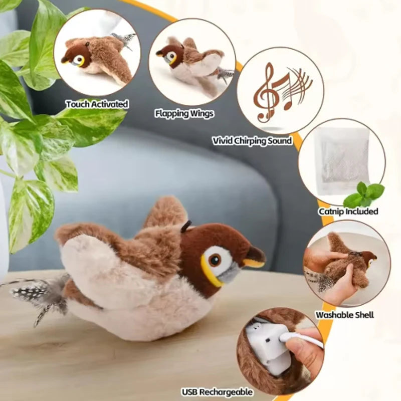Interactive Flapping Bird Cat Toy with Catnip – Touch-Activated Rechargeable Plush Toy for Indoor Cats