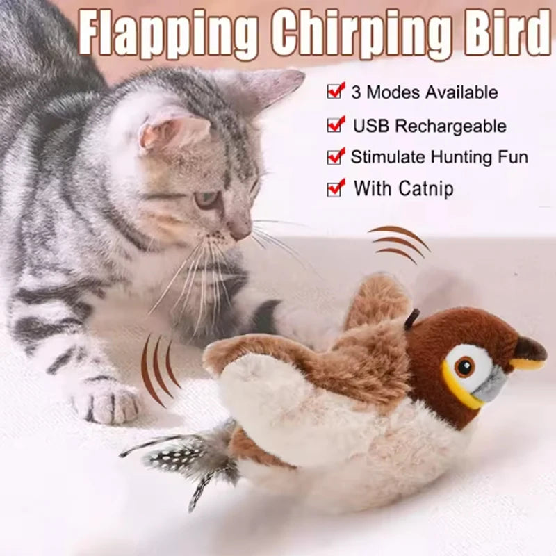 Interactive Flapping Bird Cat Toy with Catnip – Touch-Activated Rechargeable Plush Toy for Indoor Cats