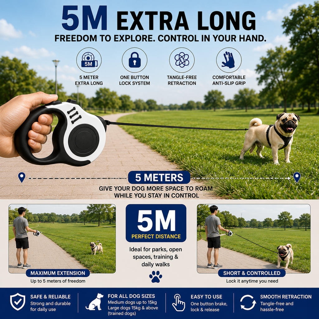 5 Meter Retractable Dog Leash for Small, Medium & Large Dogs