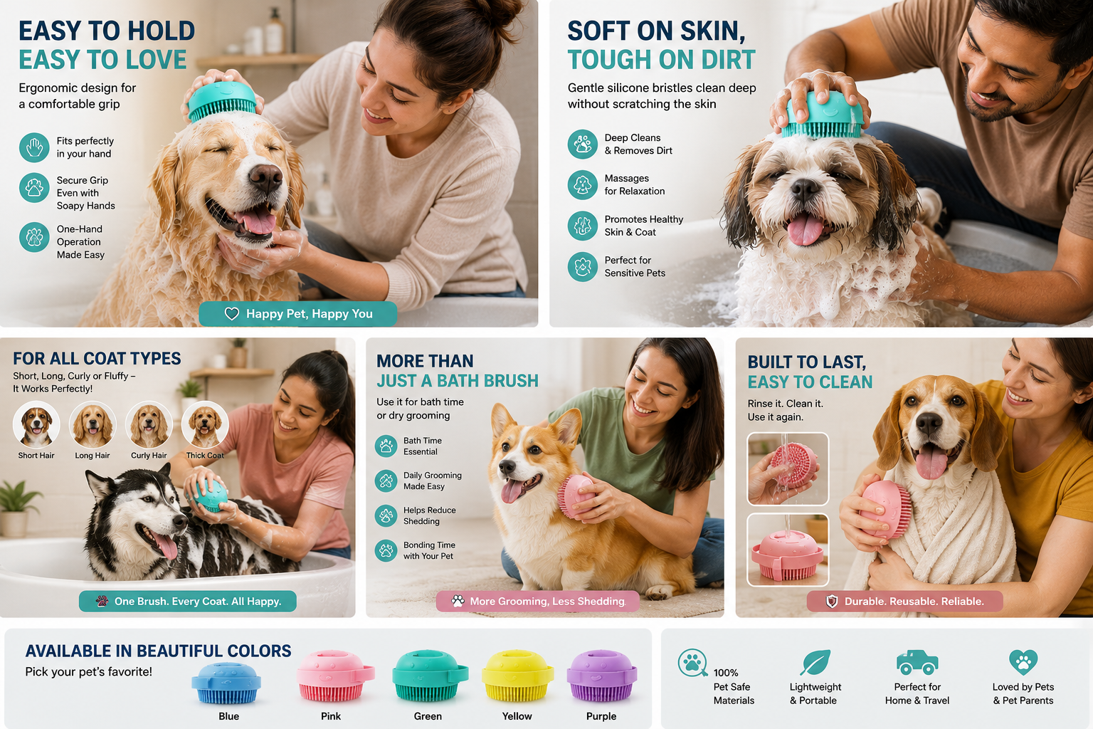 Premium Silicone Pet Grooming Brush for Dogs & Cats | Bath & Massage Brush